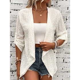Women's Lace Blazer Suits Lightweight Open Front Elegant Plain Casual Regular Notch Lapel Regular Fit 3/4 Length Sleeve Outerwear White Orange-red Black Fall