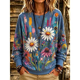 Women's Sweatshirts Print Floral Graphic Active Vintage Fashion Long Sleeve Crew Neck Regular Tops Casual Home Blue Spring Fall Winter
