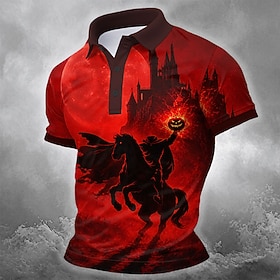 Halloween Men's Pumpkin Polo Shirts Short Sleeve Polo Shirts Collared Shirts Casual Athleisure Daily Wear Festival Wear 3D Print Buttons Summer Spring Blue Red