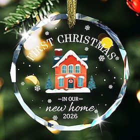 First Christmas in Our New Home 2026 Glass Ornament, Personalized Christmas Hanging Plaque, New Home House Ornament for Couple and Family, Holiday Tree Decorat