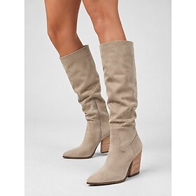 Women's Beige Faux Suede Slouchy Knee High Boots, Pointed Toe Western Cowboy Boots with Chunky Stacked Heel and Side Zip for Fall Casual Outfits, Travel and Co