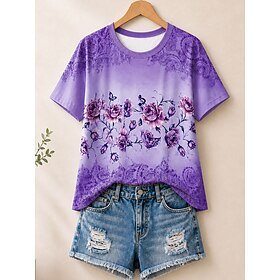 Women's 100% Cotton  Summer Tops Fashion Stylish Modern Short Sleeve Crew Neck Round Neck Regular Tops Casual Rust Red Yellow Light Purple Green Summer Spring