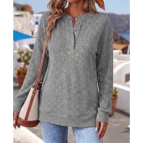 Women's Tunic Buttons Solid Color Fashion Work Casual Long Sleeve Crew Neck Long Tops Casual Sky gray Black Green Summer Spring Fall Winter