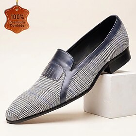 Men's Genuine Leather Gray And Navy Tassel Loafers, Plaid T…
