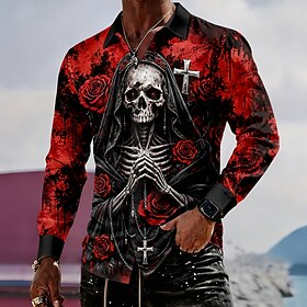 Halloween Men's Cross Rose Skulls Shirt Button Up Shirt Long Sleeve Dark Gothic Style Streetwear Holiday Spring Fall Turndown 3D Print Collared Shirts Red