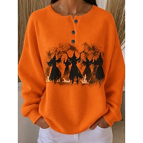 Women's Waffle Sweatshirts Knit Tops Buttons Graphic Fashion Casual Print Long Sleeve Crew Neck Regular Tops Casual Street Black Purple Orange Spring Fall