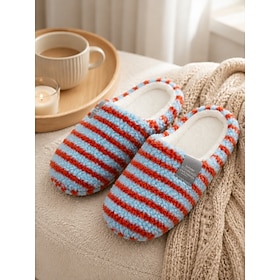 Women's Red Striped Fuzzy Slippers, Cute Plush House Shoes with Soft Cozy Lining, Colorful Slip On Bedroom Slippers for Winter Home Relaxation and Daily Comfor
