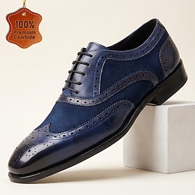 Men's Genuine Leather Navy Blue Oxford Shoes, Wingtip Brogue Lace-Up Dress Shoes for Classic Gentlemen, Business, Weddings and Formal Events