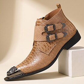 Men's Dark Brown Crocodile-Embossed Ankle Boots, Pointed-Toe Side-Zip Dress Boots with Metal Toe Accent for Stylish Men, Parties, Concerts and Western Wear