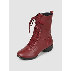 Women's Red Lace-Up Dance Boots, Side-Zip Ankle Dance Shoes with Split Low Heel and Flexible Sole, Comfort Practice Boots for Jazz, Line Dance, Ballroom, Stage