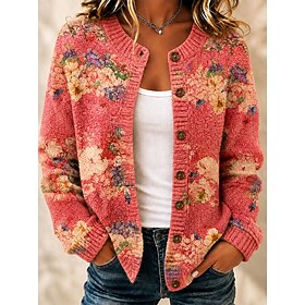 Women's Sweaters Cardigans Blouse Buttons Print Ombre Floral Graphic Fashion Daily Casual Long Sleeve Crew Neck Regular Tops Casual Daily Outdoor Yellow Red Gr