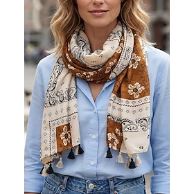 Women's Cotton Linen Paisley Tassel Scarf, Multi-Color Bohemian Wrap Shawl for Travel, Beach Vacation, Resort Wear, Casual Outfits, Spring Fall Layering and Ev