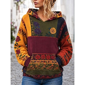 Women's Sweatshirts Patchwork Pocket Print Floral Cat Casual Long Sleeve Hooded Regular Tops Casual Street Dailywear Blue Black Yellow Red Spring Fall Winter