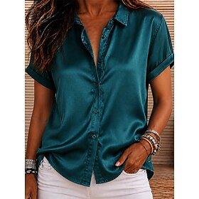 Women's Satin Blouse Button Down Shirt Casual Shirt Vintage Fashion Streetwear Short Sleeve Regular Tops Casual Blue Black Champagne Spring Fall