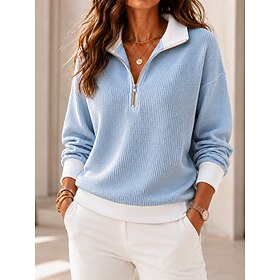 Women's Waffle Hoodies Long Sleeve Half Zip Solid Color Traditional / Vintage Casual Color Block Zipper Pocket Casual Home Outdoor Halloween Blue White Yellow