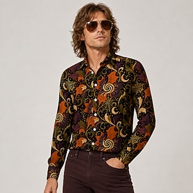 Retro Vintage 1970s Shirt Plus Size Long Sleeves Hippie Leaf Spider web Fancy Dress Men's Halloween Party Adults' Shirt