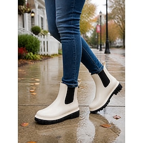 Women's White Chelsea Ankle Rain Boots, Dual Elastic Side Slip On Waterproof PVC Wellies, Chunky Lug Non-Slip Thick Sole Short Booties for Rainy City Commute,