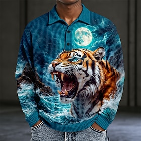 Men's Animal Waffle Polo Shirts Textured Long Sleeve Polo Shirts Lapel Sportswear Casual Athleisure Daily Wear 3D Print Fall  Winter 1# 2#