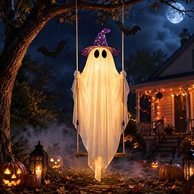 Halloween Ghost Decor with Bat  Hat, 5.74 FT Large Hanging LED Swing Ghost, Outdoor Halloween Decor with String Lights, or Living Room Trees Porches Gardens La
