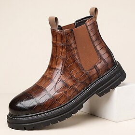 Men's Brown Crocodile-Embossed Chelsea Boots, Pull-On Ankle Boots with Elastic Side Panels and Chunky Lug Sole for Fashionable Men, Parties, Travel and Urban S