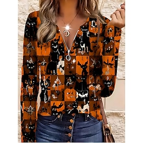 Halloween Women's T Shirt Zipper Print Graphic Skull Cat Elegant Vintage Stylish Long Sleeve V Neck Regular Tops Casual Daily Weekend Black Orange Beige Spring
