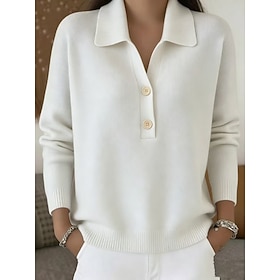 Women's Pullover Sweater Jumper Work Casual Ribbed Shirt Collar Buttons Long Sleeve Regular Tops Knit Outdoor Date White Light Blue Fall Winter