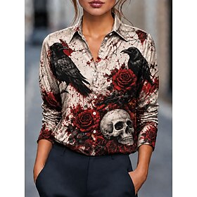 Halloween Women's Shirt Buttons Print Floral Graphic Skull Elegant Vintage Daily Long Sleeve Shirt Collar Regular Tops Casual Daily Office Red Summer Spring Fa
