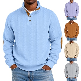 Men's Jacquard Sweatshirt Pullover Button Up Hoodie Khaki Black Navy Blue Purple Brown Standing Collar Plain Patchwork Color Block Textured Casual Daily Sports