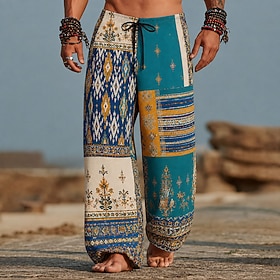 Men's Geometric Patchwork Bohemian Trousers Pants Trousers Baggy Pants Mid Waist Ethnic Vintage Retro Casual Home Outdoor Drawstring Elastic Waist Wide Leg Sum