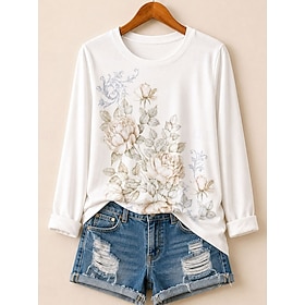 Women's 100% Cotton Summer Tops Cotton Shirt Floral Graphic Plants Fashion Basic Classic Long Sleeve Crew Neck Round Neck Regular Tops Casual Blue White Pink