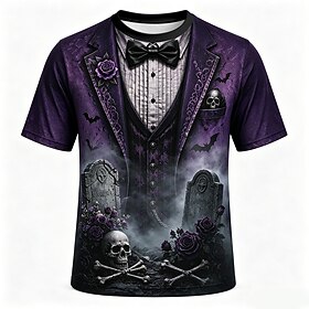 Halloween Men's Rose Skulls T Shirt Short Sleeve T shirt 3D Print Crew Neck Shirt Exaggerated Designer Horror Club Party Street Purple Purple 2 Summer Spring A