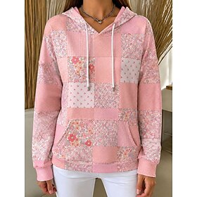 Women's Pullover Hoodie Sweatshirt Patchwork Pocket Print Floral Graphic Fashion Casual Long Sleeve Hooded Regular Tops Casual Street Dailywear Blue Pink Purpl