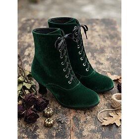Women's Green Velvet Victorian Boots - Vintage Lace-Up Ankle Louis Heel Shoes for Tea Parties, Cosplay  Retro Outfits