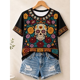 Halloween Women's 100% Cotton Summer Tops Floral Elegant Vintage Stylish Short Sleeve Crew Neck Round Neck Regular Tops Casual Blue Yellow Red Summer Spring Fa