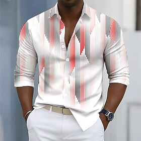 Men's Geometric Striped Multicolor Shirt Button Up Shirt Casual Dress Shirt Lon…