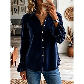Women's Velvet Button Down Shirt Casual Shirt Ruffle Patchwork Buttons Solid Color Vintage Long Sleeve Shirt Collar Regular Tops Casual Black Pink Wine Navy Bl