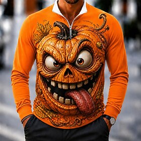 Halloween Men's Pumpkin Tennis Shirt Quarter Zip Polo Golf Polos Shirts Long Sleeve Standing Collar Casual Daily Daily Vacation Running Zip Up Fall Winter Bla