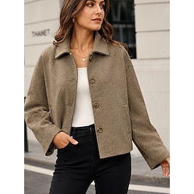 Women's Peacoat Short Coat Comfortable Pocket Buttons Fashion Daily Classic Casual Daily Home Outdoor Short Turndown Long Sleeve Outerwear Khaki Wine Brown Fal