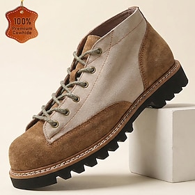 Men's Premium Genuine Leather Work Boots, Beige and Brown Two-Tone Lace-Up Ankle Boots with Rugged Lug Sole for Outdoor Men, Hiking, Travel and Casual Wear