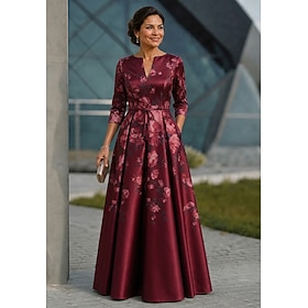 A-Line Floor Length Mother of the Bride Dress Half Sleeve V Neck Elegant Vintage Luxurious Formal Satin with Floral Print Bow(s)