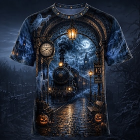 Halloween Men's Castle Train T Shirt Short Sleeve T shirt 3D Print Crew Neck Shirt Exaggerated Designer Horror Club Party Street 1 2 Summer Fall Clothing Appar