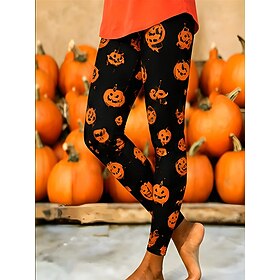 Halloween Women's Jack O Lantern Pumpkin Print Leggings High Waist Full Length Stretchy All Over Graphic Pants Black Orange