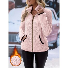 Women's Casual Jacket Warm Comfortable Zipper Pocket Casual Plain Casual Vacation Street Daily Wear Zipper Regular Turndown Long Sleeve Outerwear Blue Pink Apr