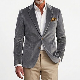 Men Velvet Blazer Casual Wedding Formal Formal Style Fall / Winter Velvet Solid Color Pocket Thermal Warm Single Breasted Two-button Blazer Grey