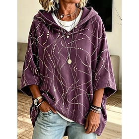 Women's Pullover Hoodie Sweatshirt Patchwork Print Graphic Geometric Casual 3/4 Length Sleeve Hooded Long Tops Casual Street Dailywear Blue Purple Green Fall W