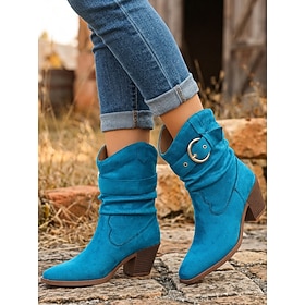 Women's Blue Slouchy Cowboy Boots, Faux Suede Buckle Western Stacked Block Heel Mid-calf Boots, Country Cowgirl Boots for Leisure Outfits, Music Festival, Farm