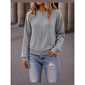Women's Bomber Jacket Casual Jacket Lightweight Zipper Casual Solid Color Casual Daily Street Regular Collarless Long Sleeve Outerwear Black Pink Green Fall Wi