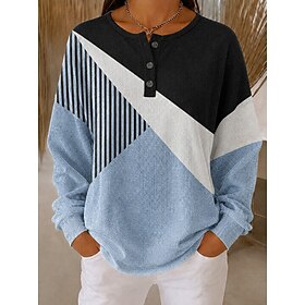Women's Waffle Textured Graphic Geometric Casual Print Long Sleeve Crew Neck Round Neck Regular Tops Casual Street Holiday Blue Pink Orange Spring Fall Winter