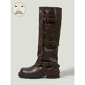 Women's Dark Brown Extra Wide Calf Riding Boots - Faux Leather Multi-Buckle Low Heel Biker Shoes for Work, Outdoor Casual Daily Wear