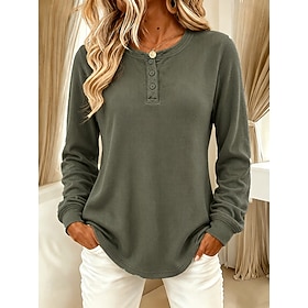 Women's Waffle Shirt Washed Cotton 100% Cotton Pullover Solid Color Casual Long Sleeve Henry Collar Regular Tops Casual Black Dark Green Brick red Dark Blue Be